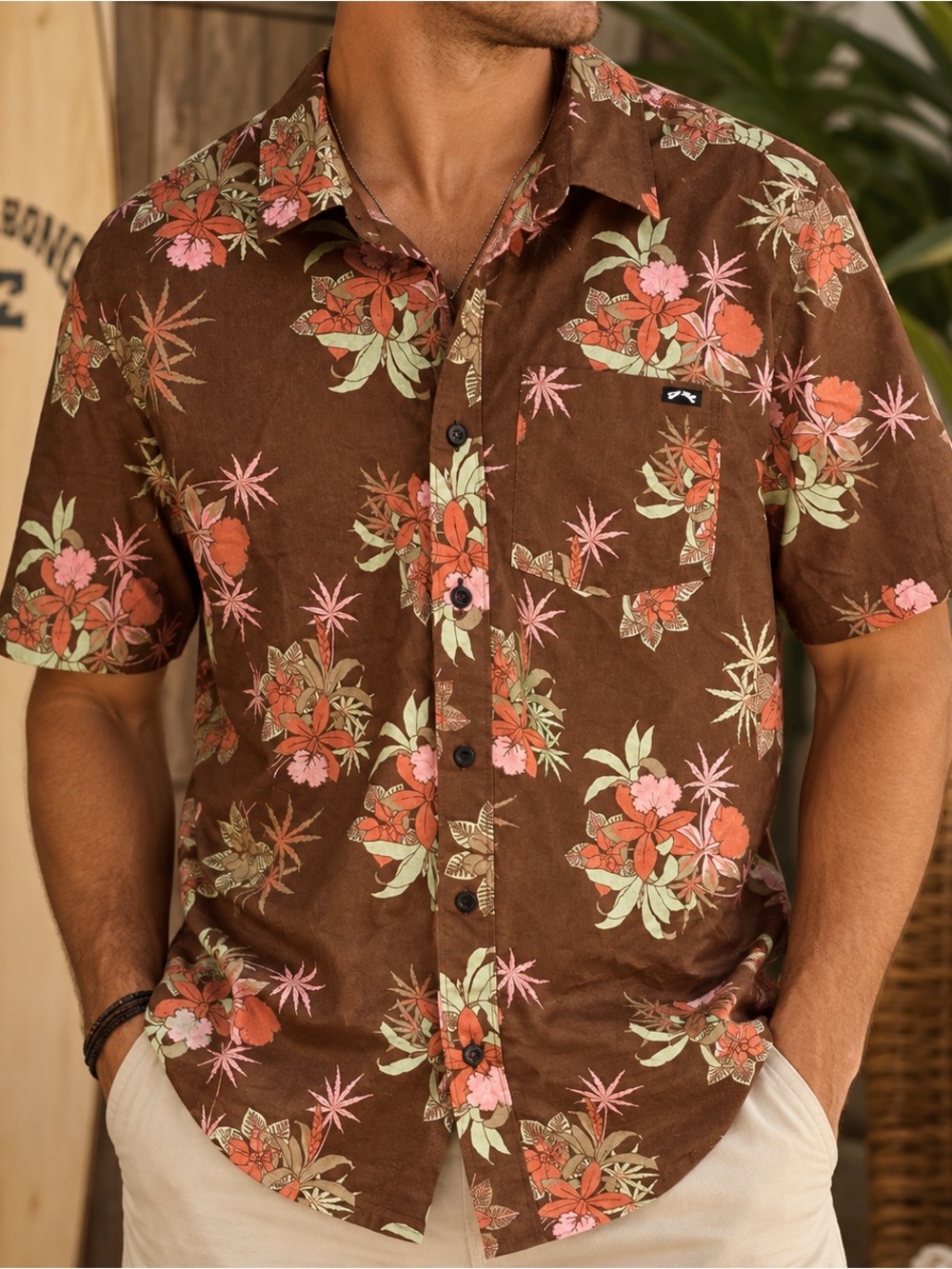 Large | Billabong | Brown Floral Button-Up Tropical Shirt